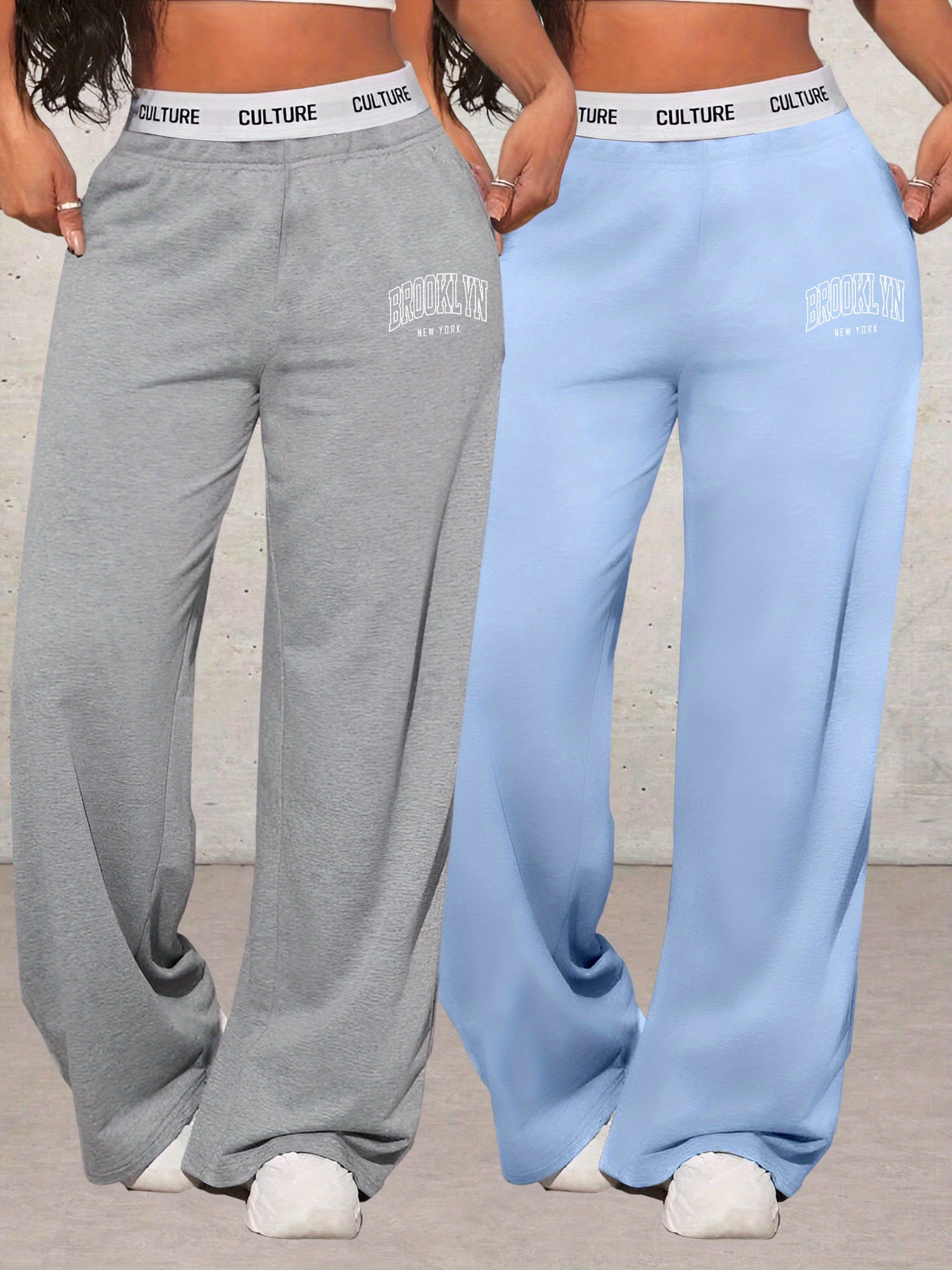 2pcs Women'S Letter BROOKLYN Print High Waist Wide Leg Loose Pocket Casual Jeans Pants